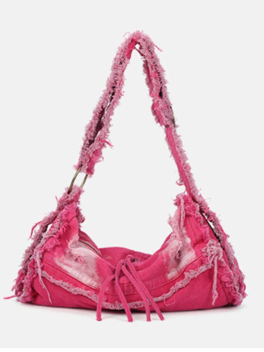 Y2K Grunge Aesthetic Hot Pink Frayed Denim Cargo Pocket Underarm Bag